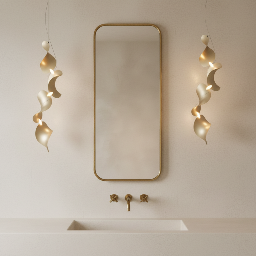 Dune Vertical 4 — Satin Brass Mirror Bathroom Scene