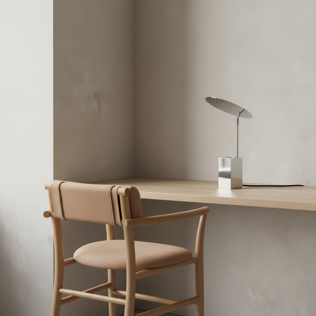 Dynamic desk scene with Reflect lamp and NAMA chair at varied angles