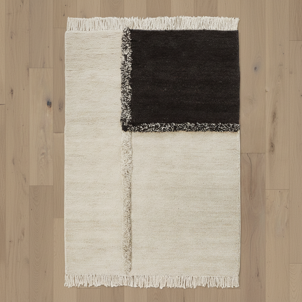 E-1027 White + Black Knotted Plush — True Overhead, Greige Oak Floor Reference