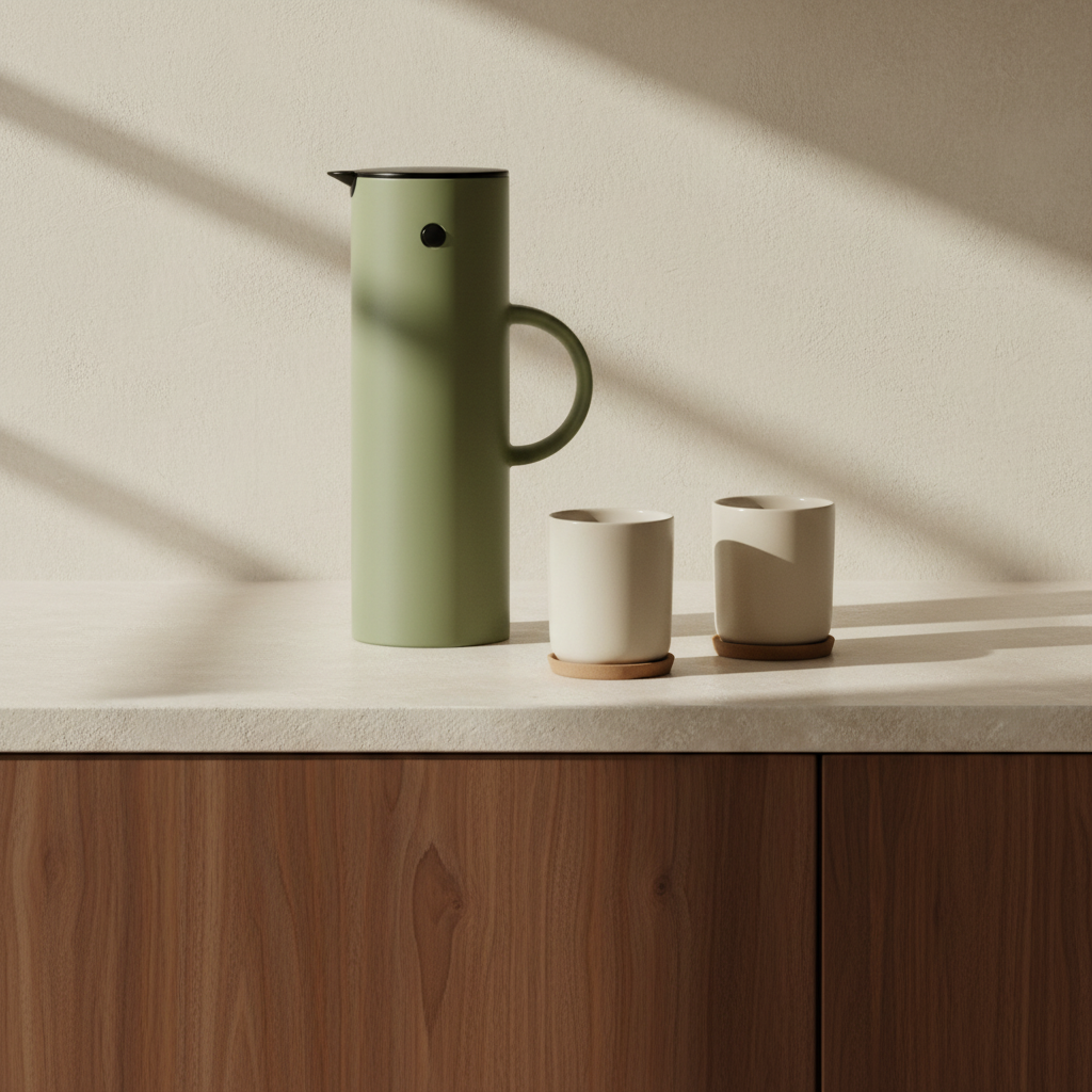 EM77 Jug with Theo Cups in Nordic Kitchen