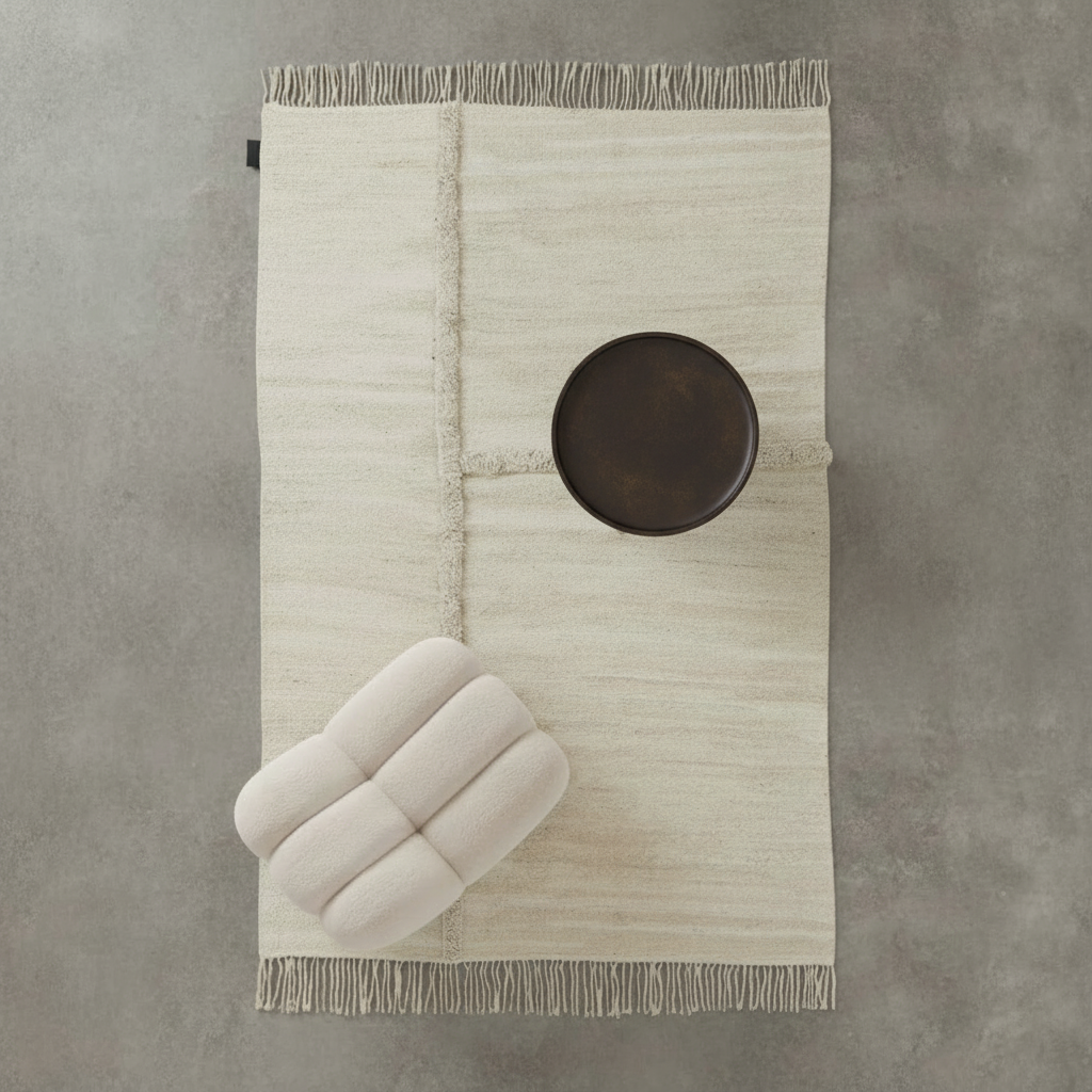 EM77 Woven White — Flat Lay with Toe Chair & Phantom Table