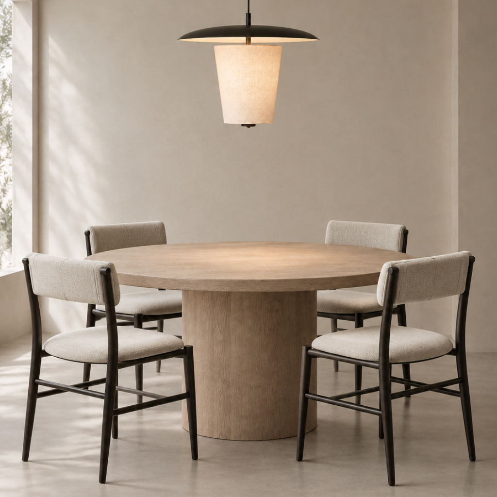 Four Nama Dining Side Chairs arranged around the sandy-oak dining table