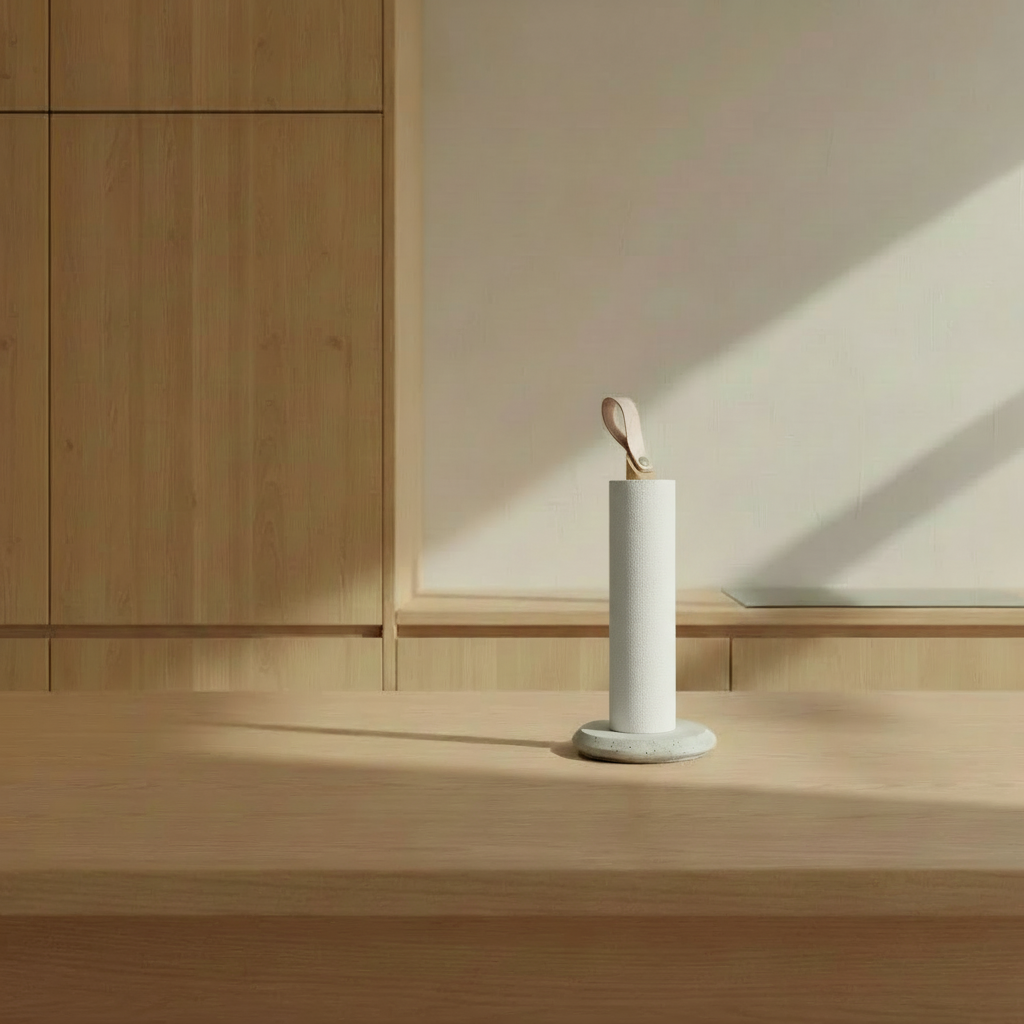 Grab oak paper towel holder with visible roll in blonde wood kitchen