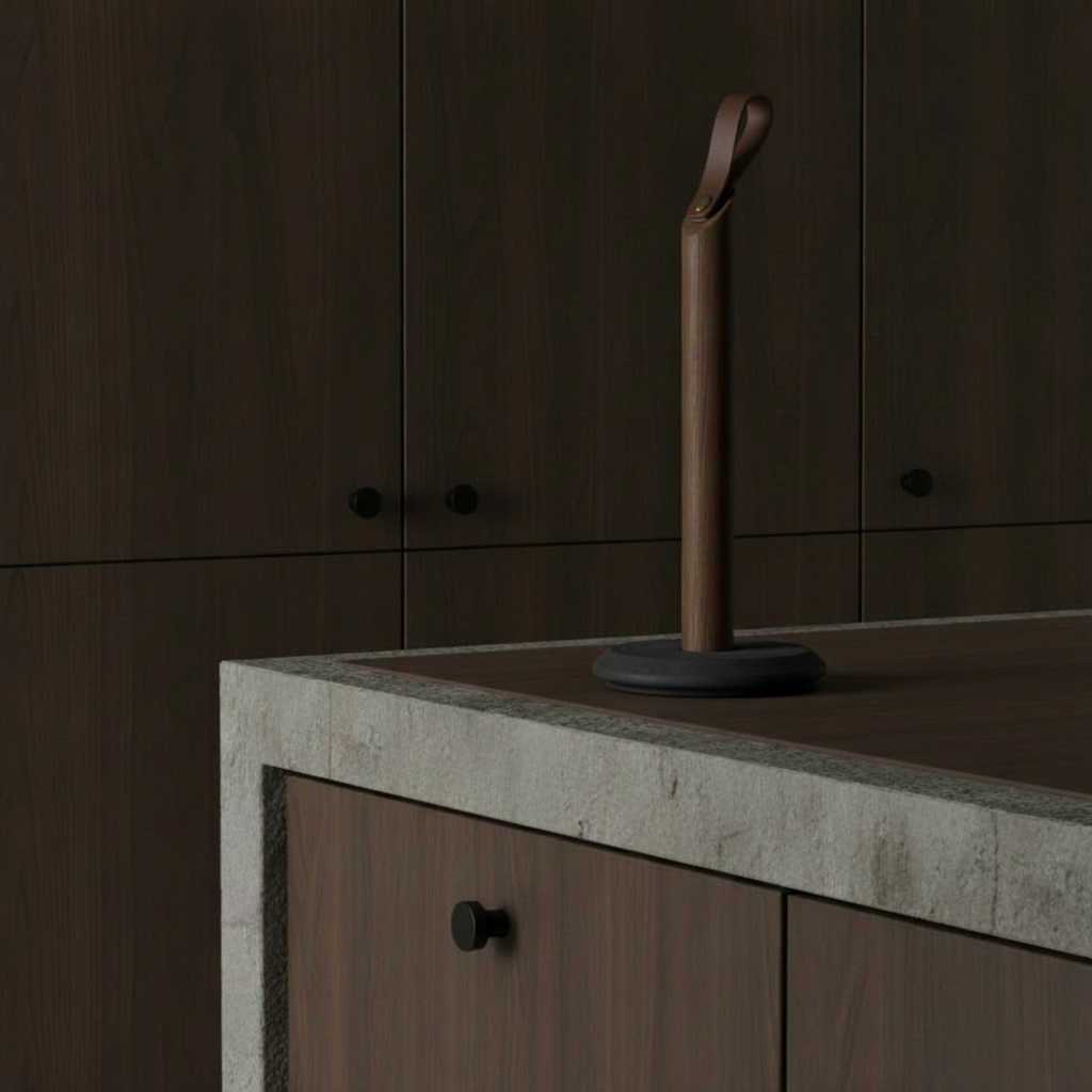 Grab smoked oak holder with dark grey base in dark kitchen