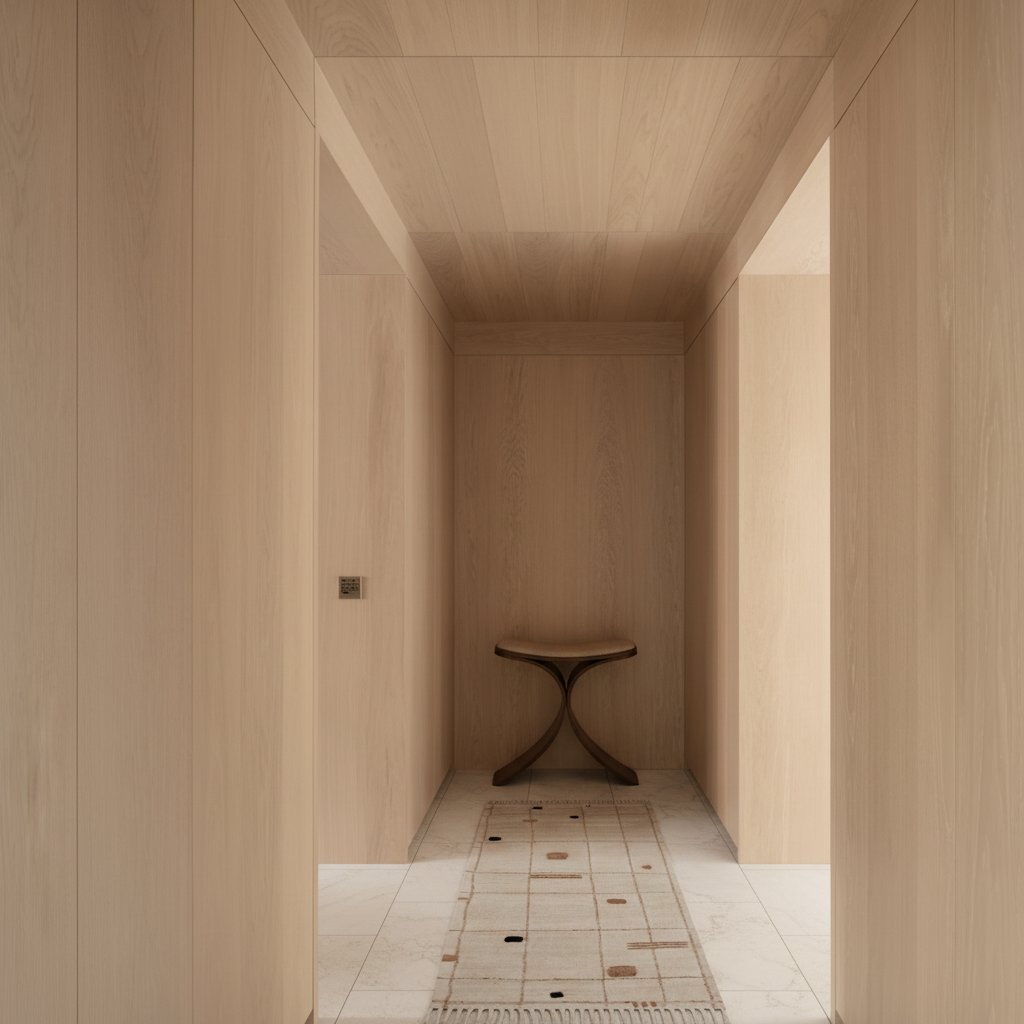 Hallway with centered rug and stool