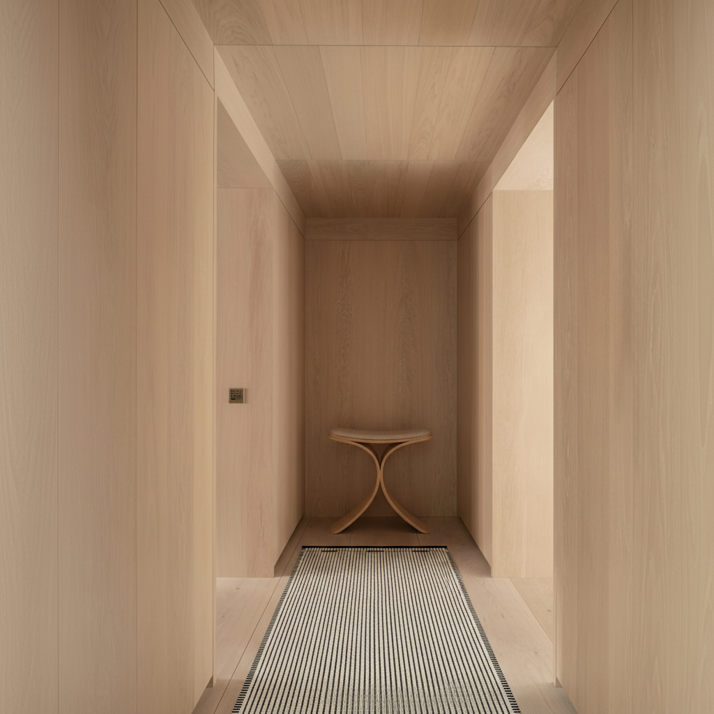 Hallway with VK-3 Off-White/Black Runner and Luno Stool