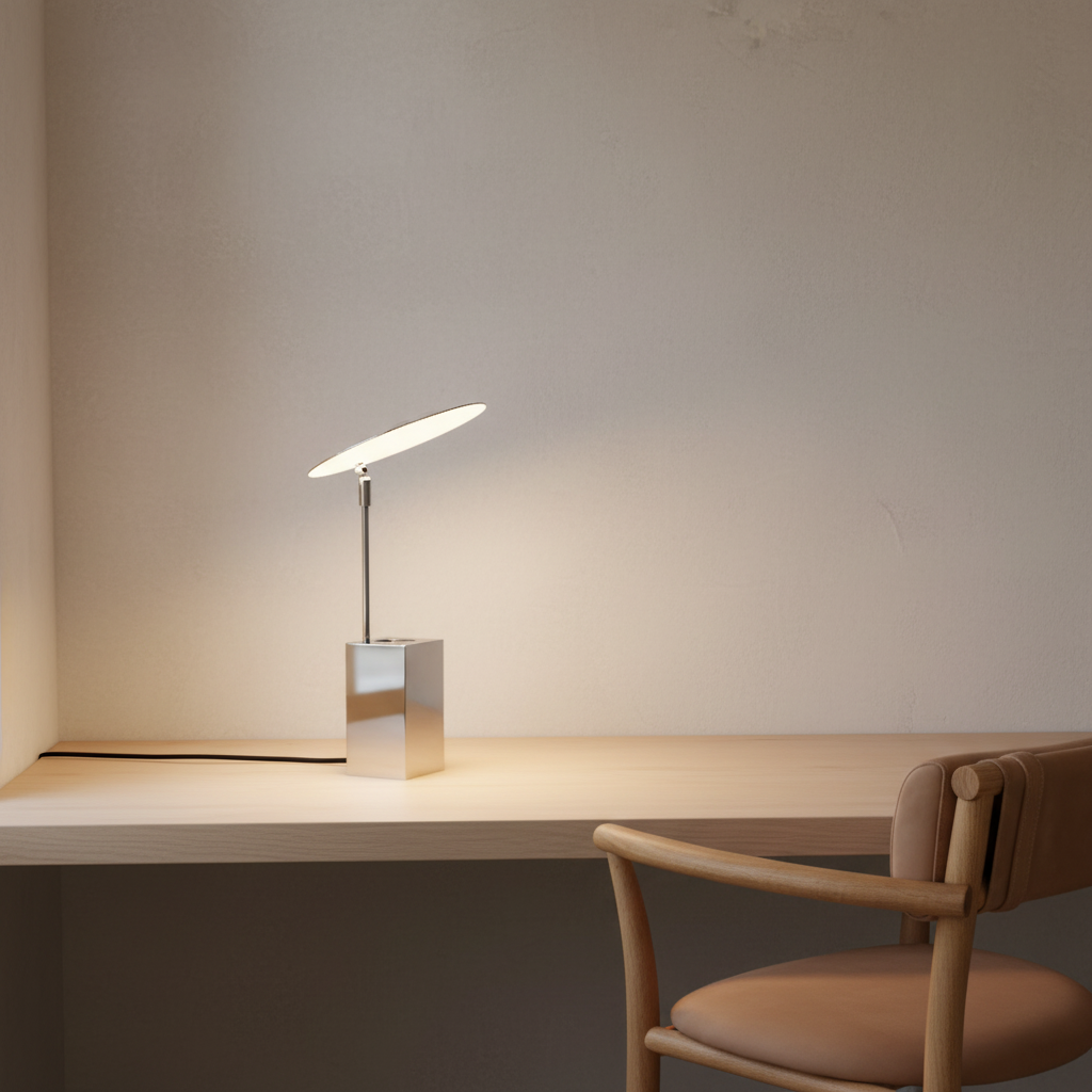Illuminated desk scene with Reflect lamp and NAMA chair