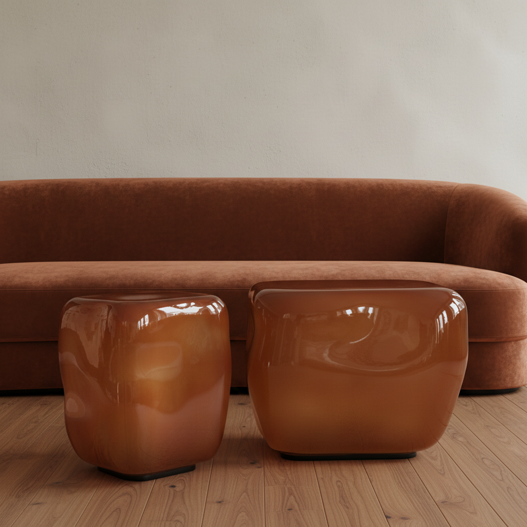Ishi Tables — Burnt Sienna Velvet Sofa Scene