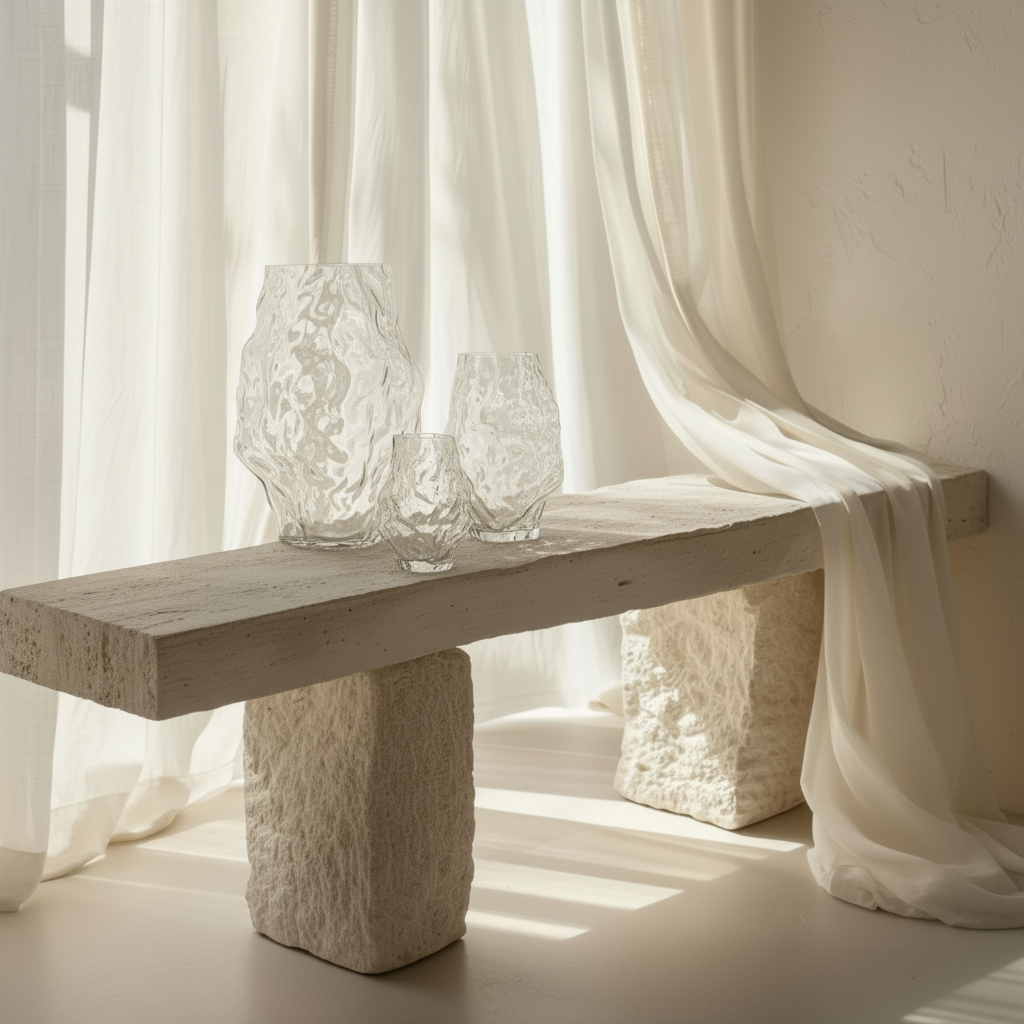 Katachi Clear Vase Trio on Stone Bench