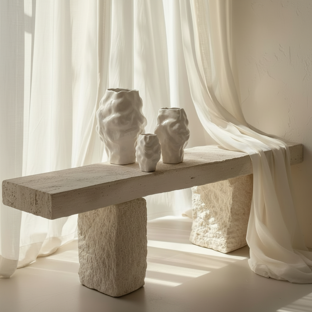 Katachi High Glaze Birch Vases on Stone Bench