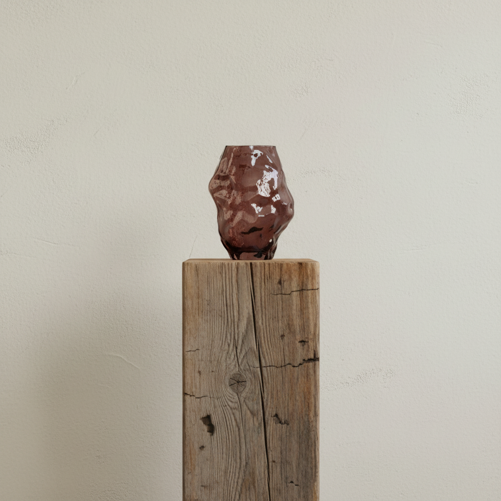 Katachi Mini Smoked Forest vase on rustic barn beam podium