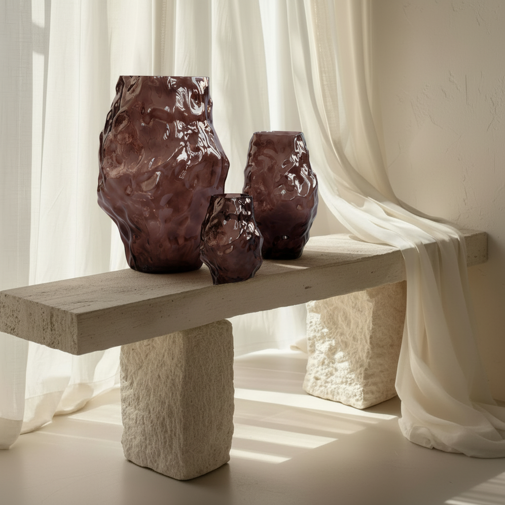Katachi Smoked Forest Vase Trio on Stone Bench