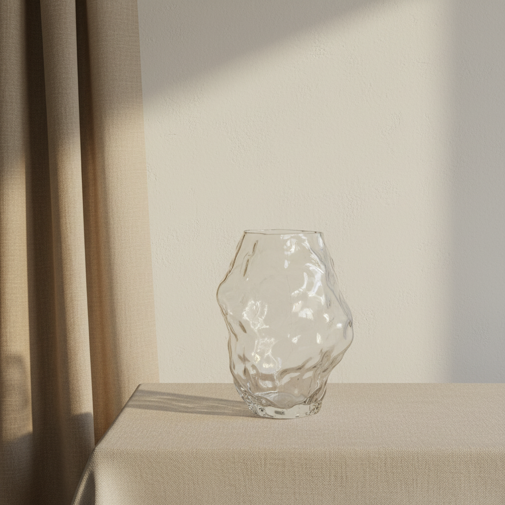 Katachi Vase Medio Clear lifestyle shot with Belgian linen