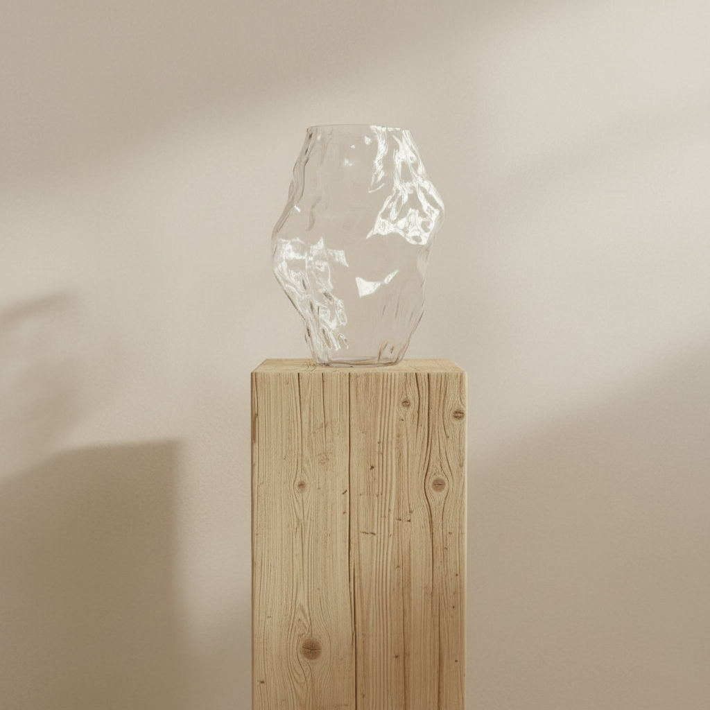 Katachi Vase on rustic blonde barn beam podium with limewash wall