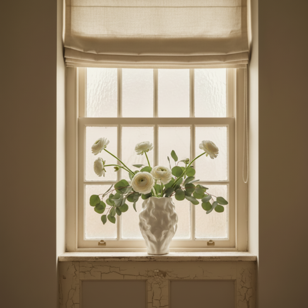 Katachi Vase with White Ranunculus & Eucalyptus