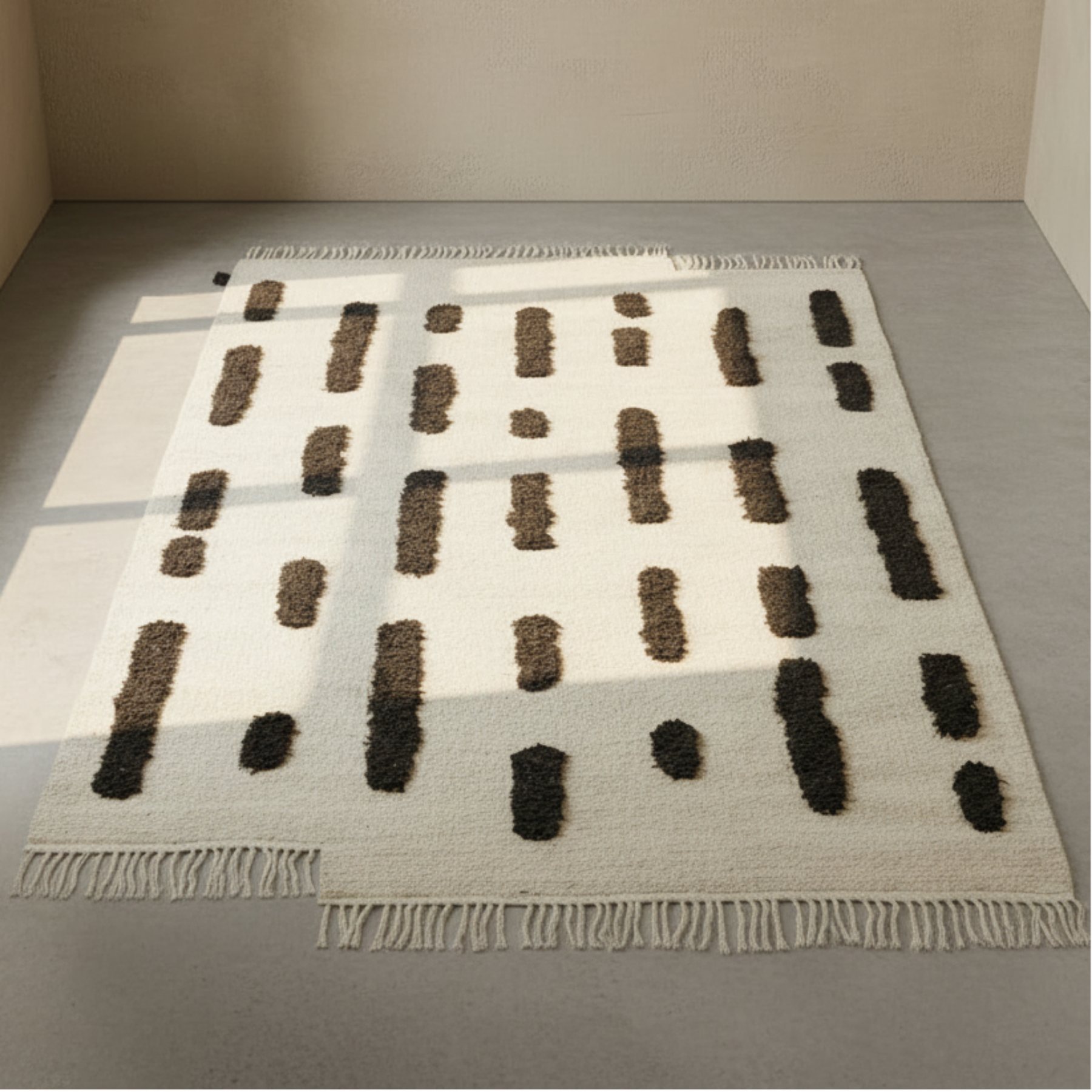 Laine White & Black Woven Rug with natural window light and shadows