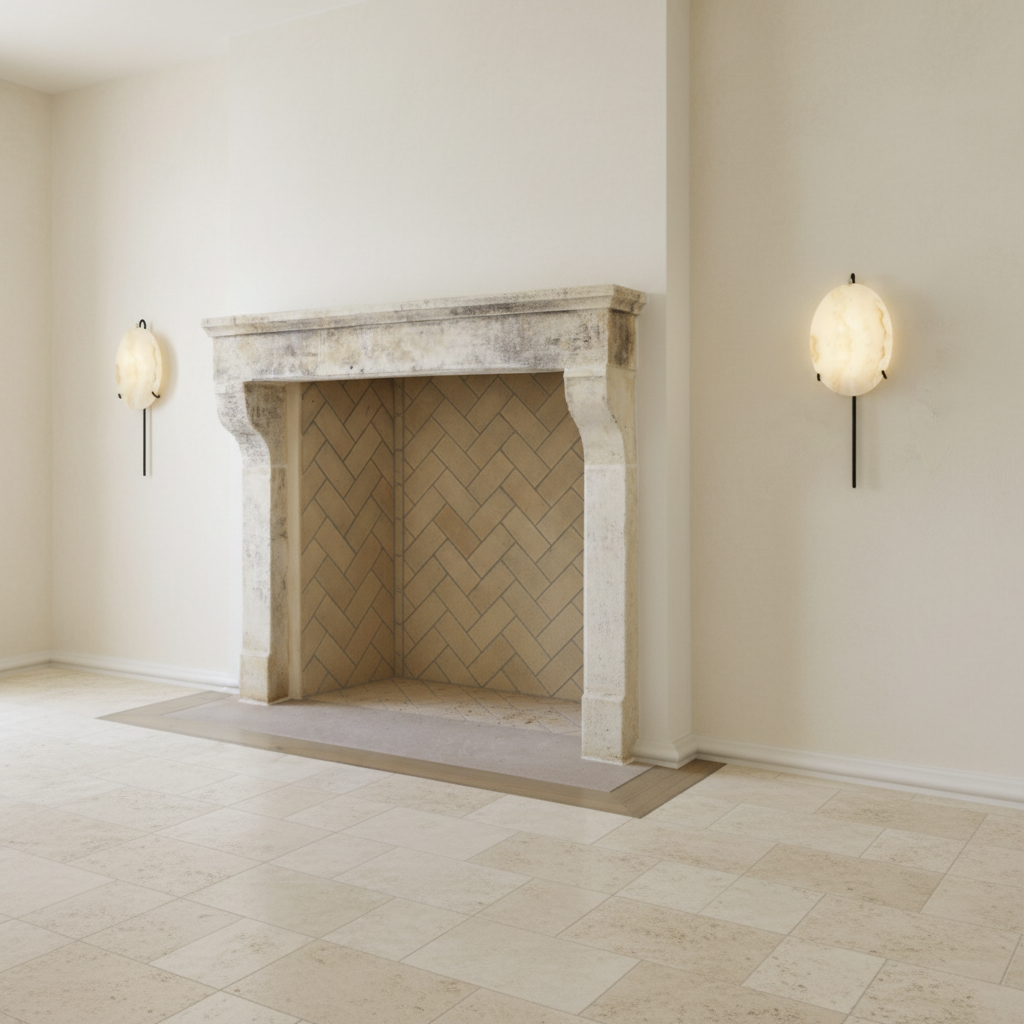 Limestone fireplace with glowing onyx sconces