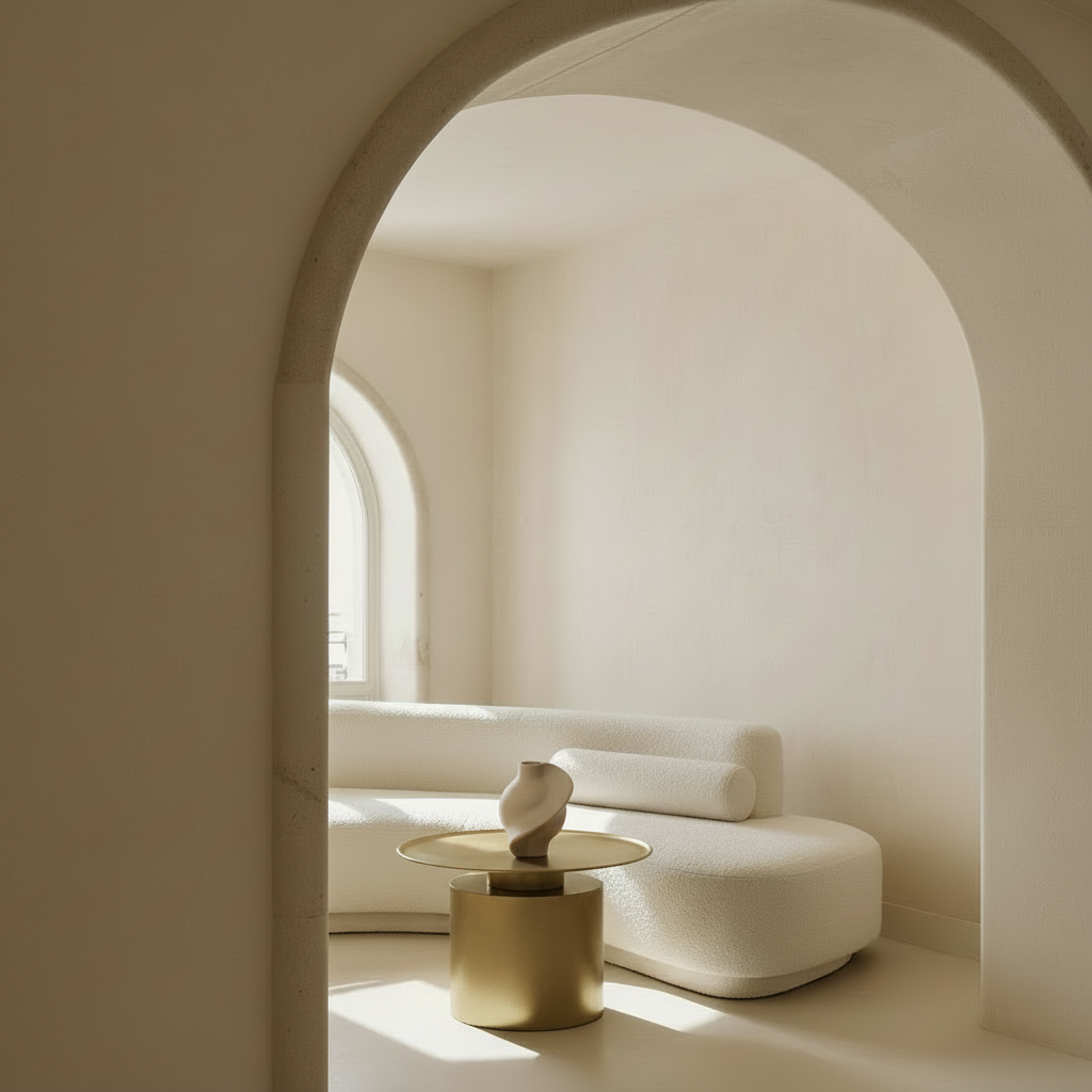 Limewash interior with sofa, brass table and sculptural vase