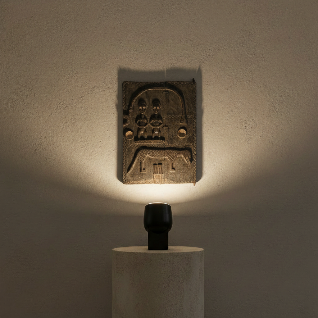 Limewash podium with Pivot Table Lamp uplighting African carved wall hanging