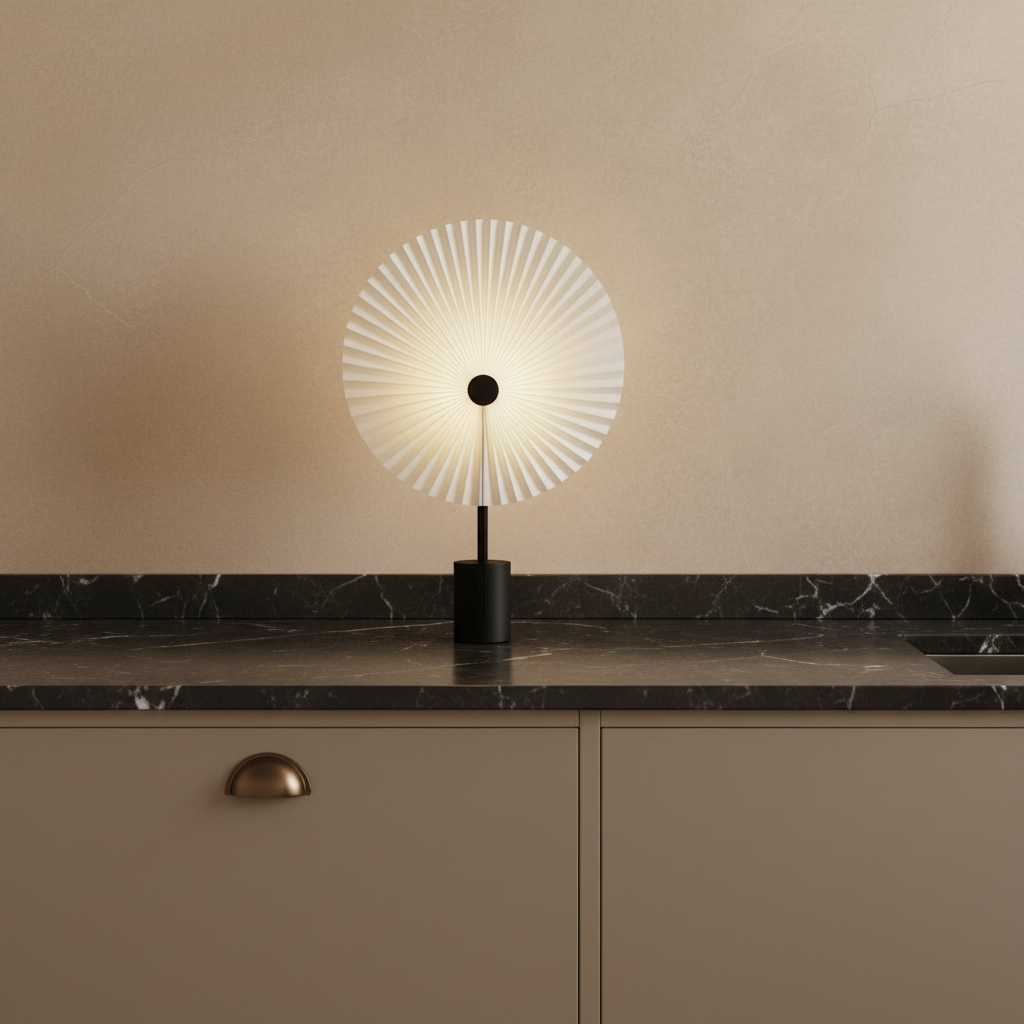 Liris Portable Black Table Light on honed marble kitchen counter