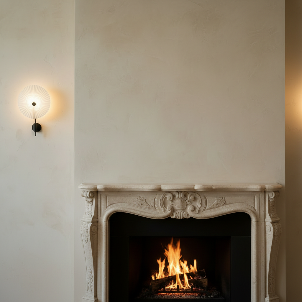 Liris Wall Sconce Flanking Limestone Fireplace – Square