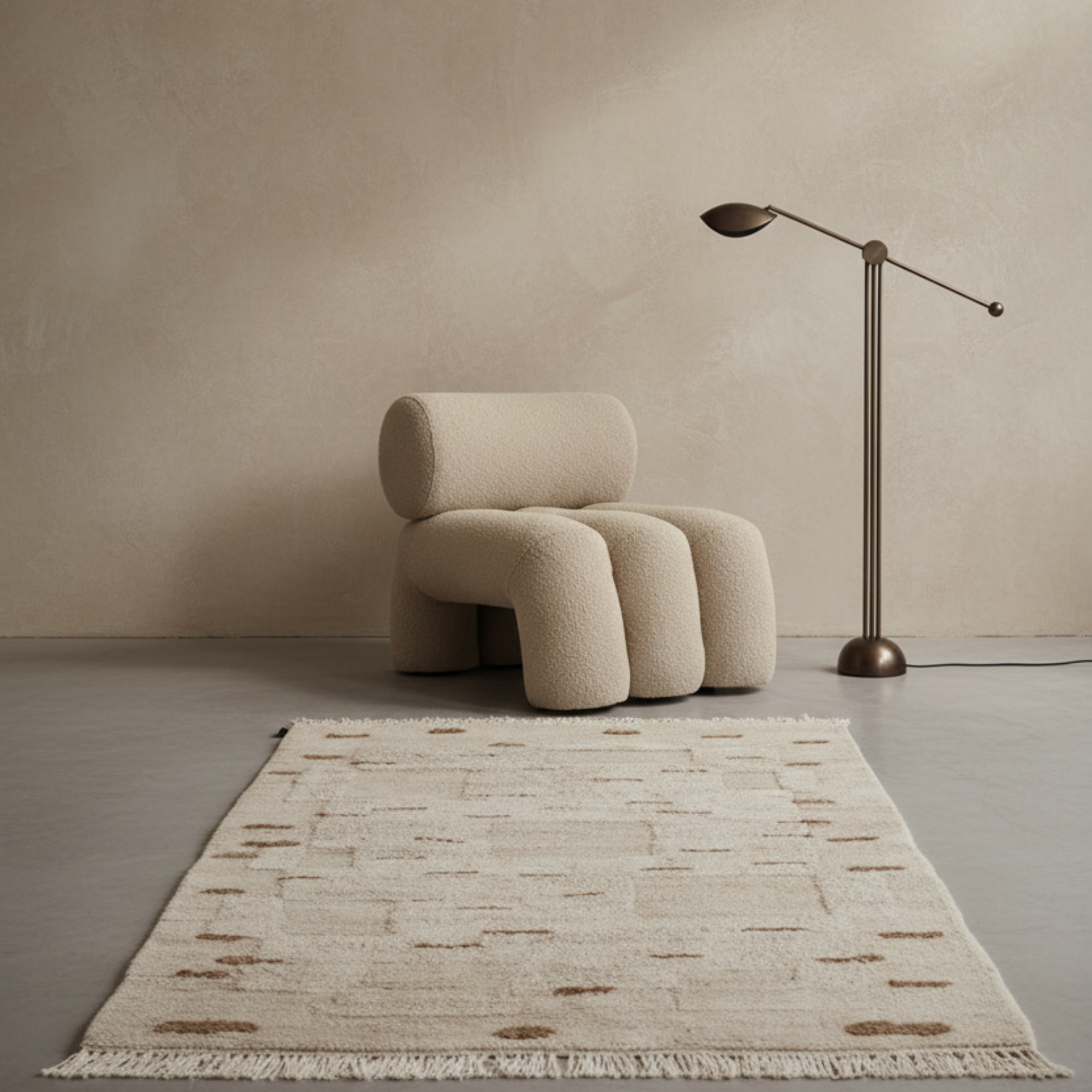 Luoto Rug lifestyle image with Foku Chair and Stingray Floor Lamp