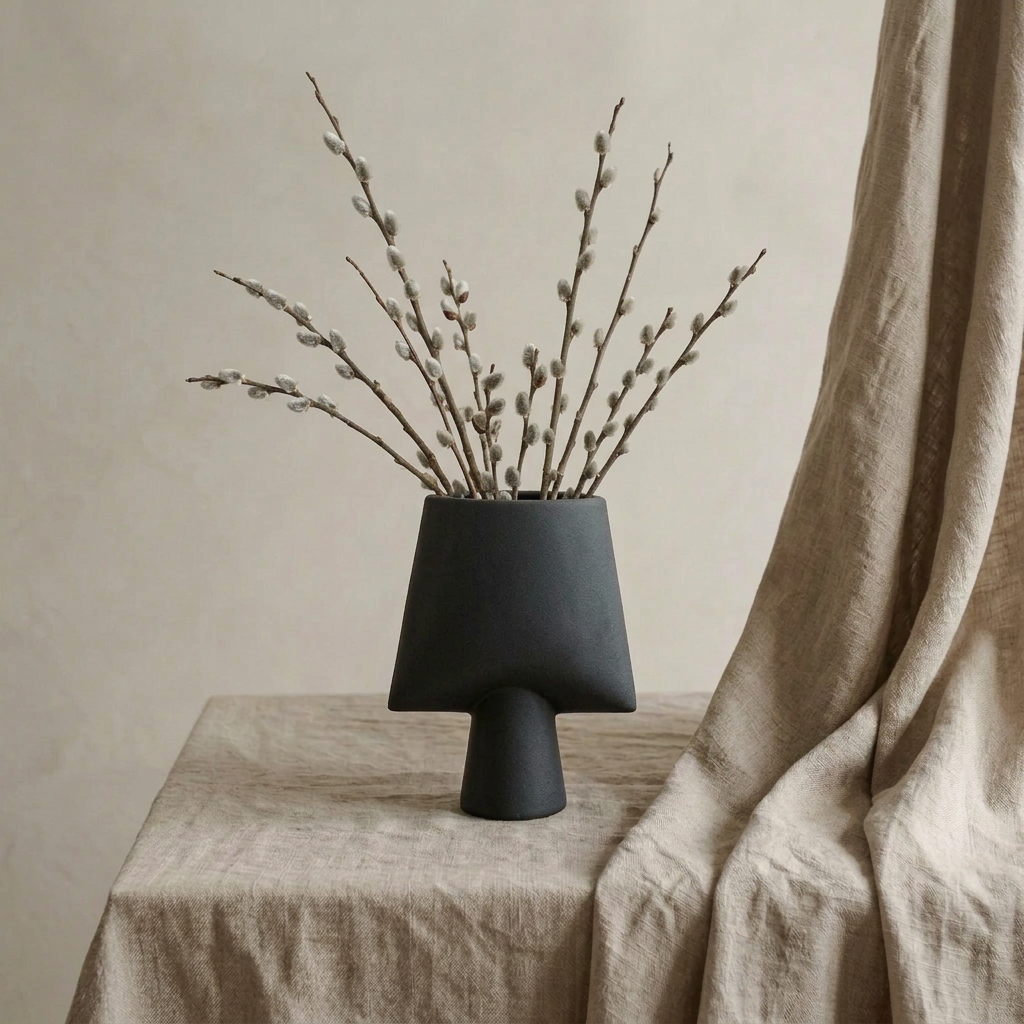 Matte-black Sphere Vase Square with beige Belgian linen and a cream limewash backdrop