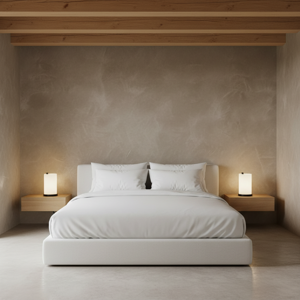 Minimalist bedroom with beige limewash walls