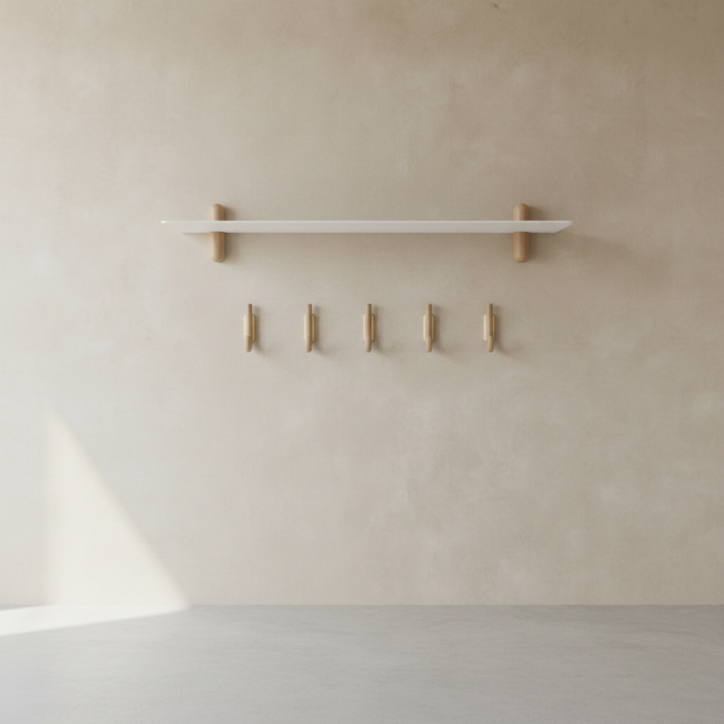 Minimalist beige limewash hallway with NIVO shelf and GEJST hooks