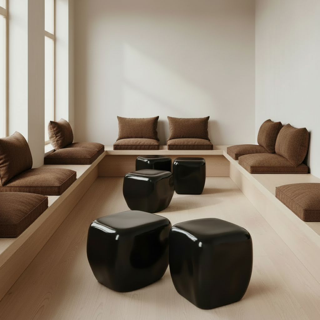 Minimalist Cafe — Clean Benches and ISHI Tables