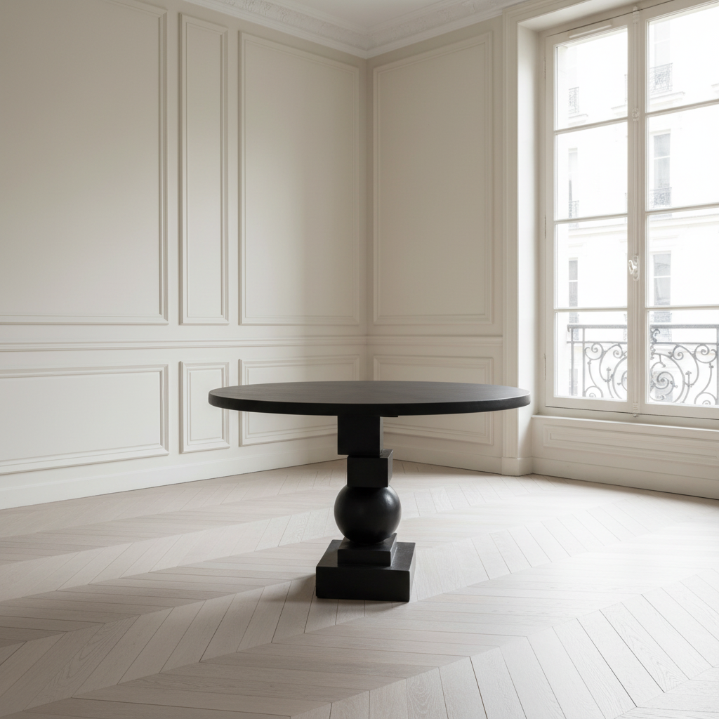 Minimalist dining space with Parisian moulding and Artist Table Round