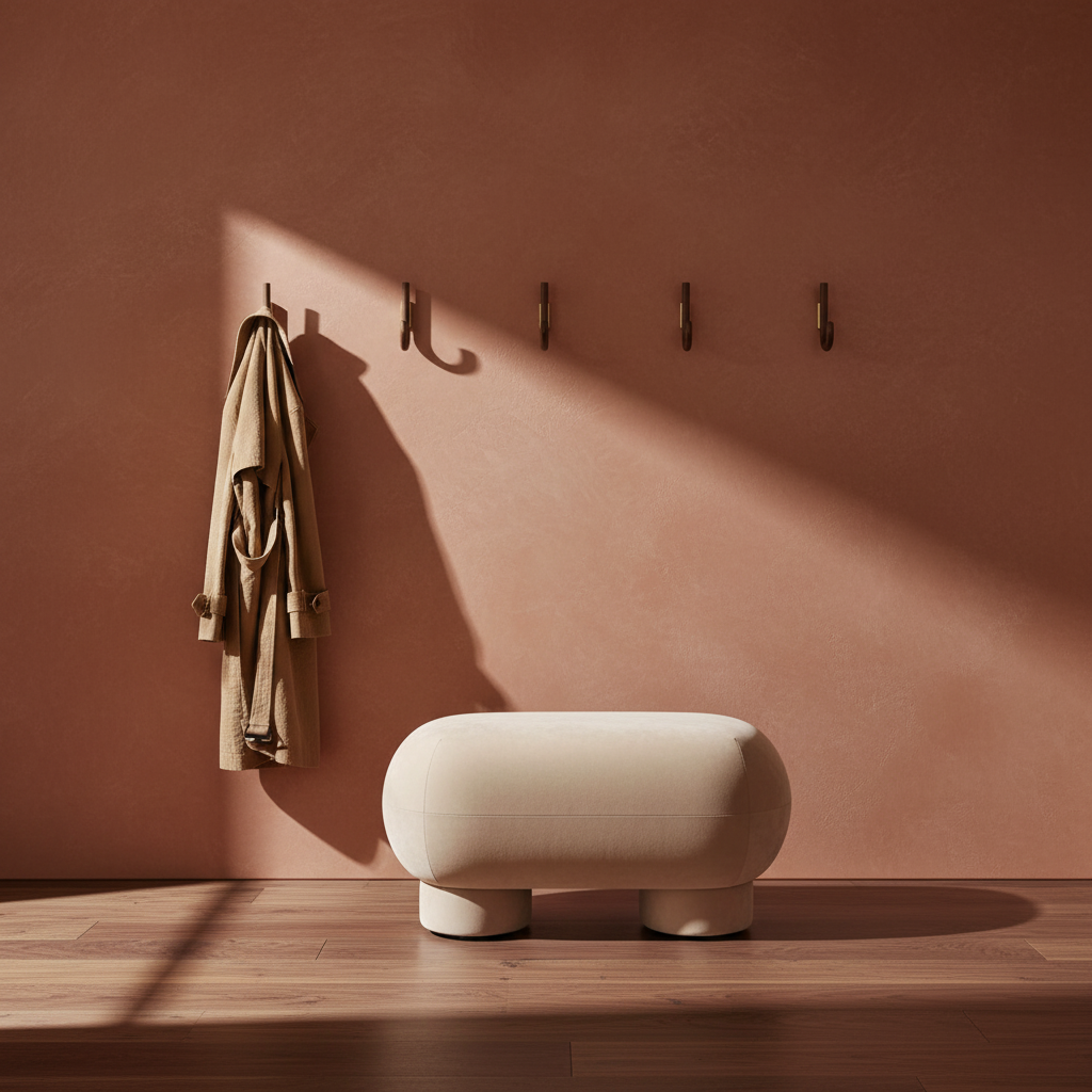 Minimalist hallway with hooks, bench, and camel trench coat