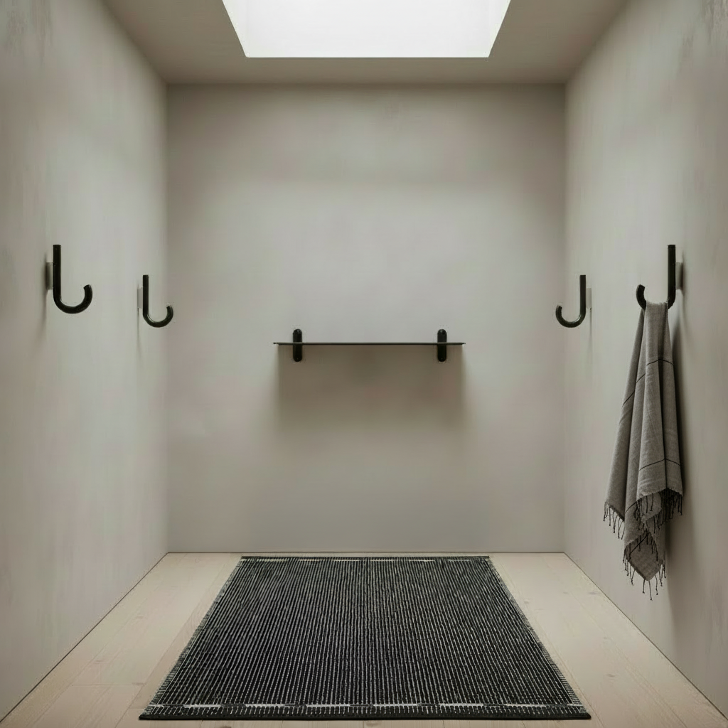 Minimalist hallway with Nivo Shelf, hooks with Myrsky towel, and VK-3 rug