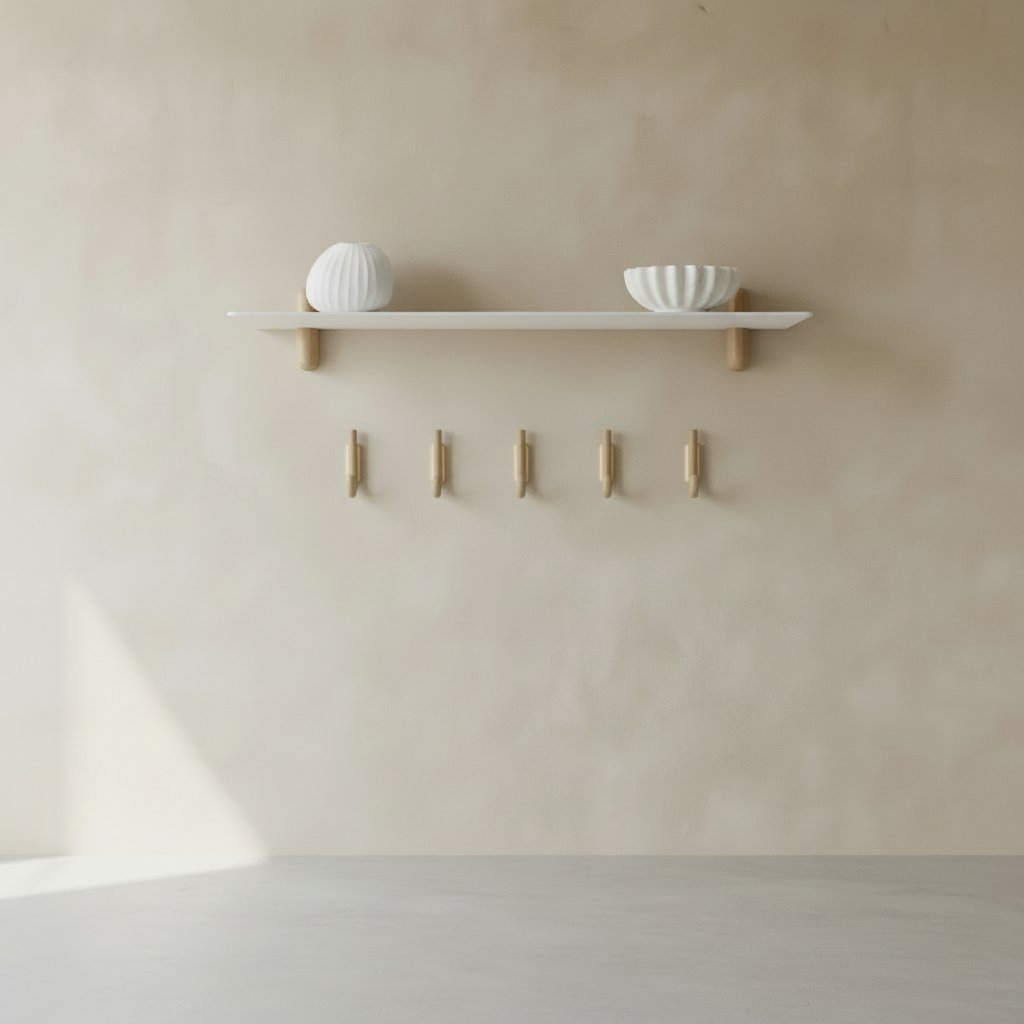 Minimalist hallway with NIVO shelf, Organic Vase, Marblelous Bowl, and GEJST hooks