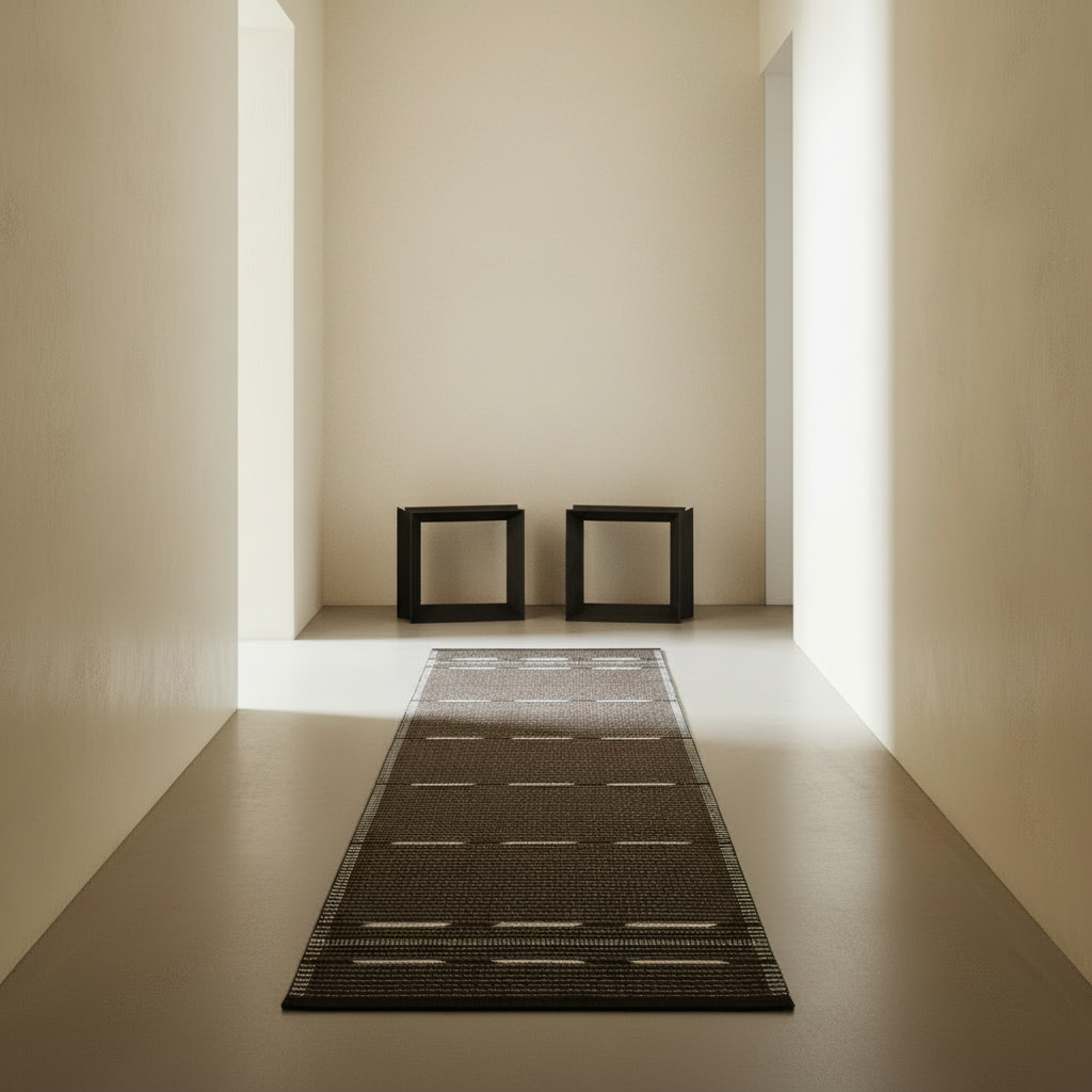 Minimalist hallway with VK-10 runner and two Reflex stools