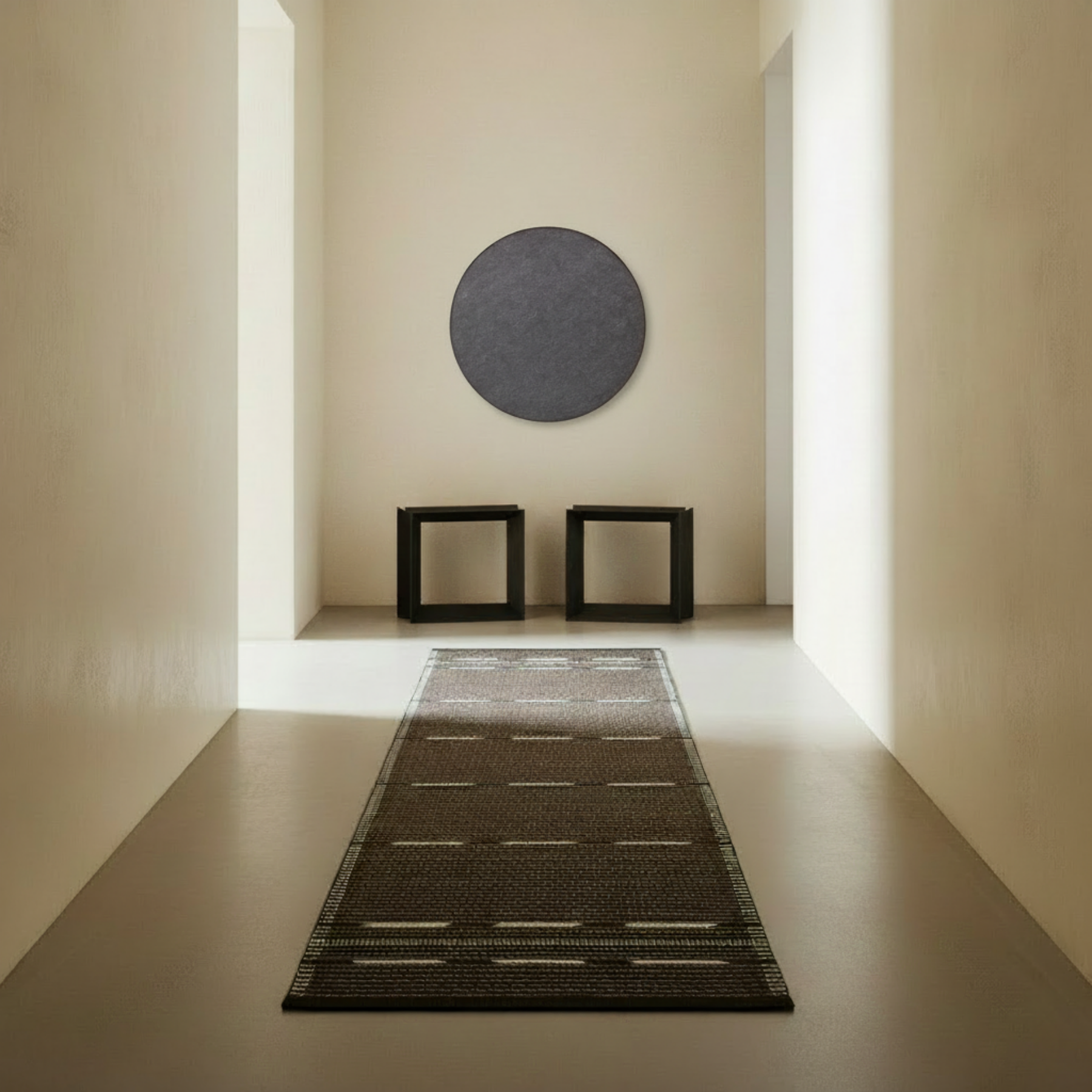 Minimalist hallway with VK-10 runner, Reflex stools, and Retell pinboard