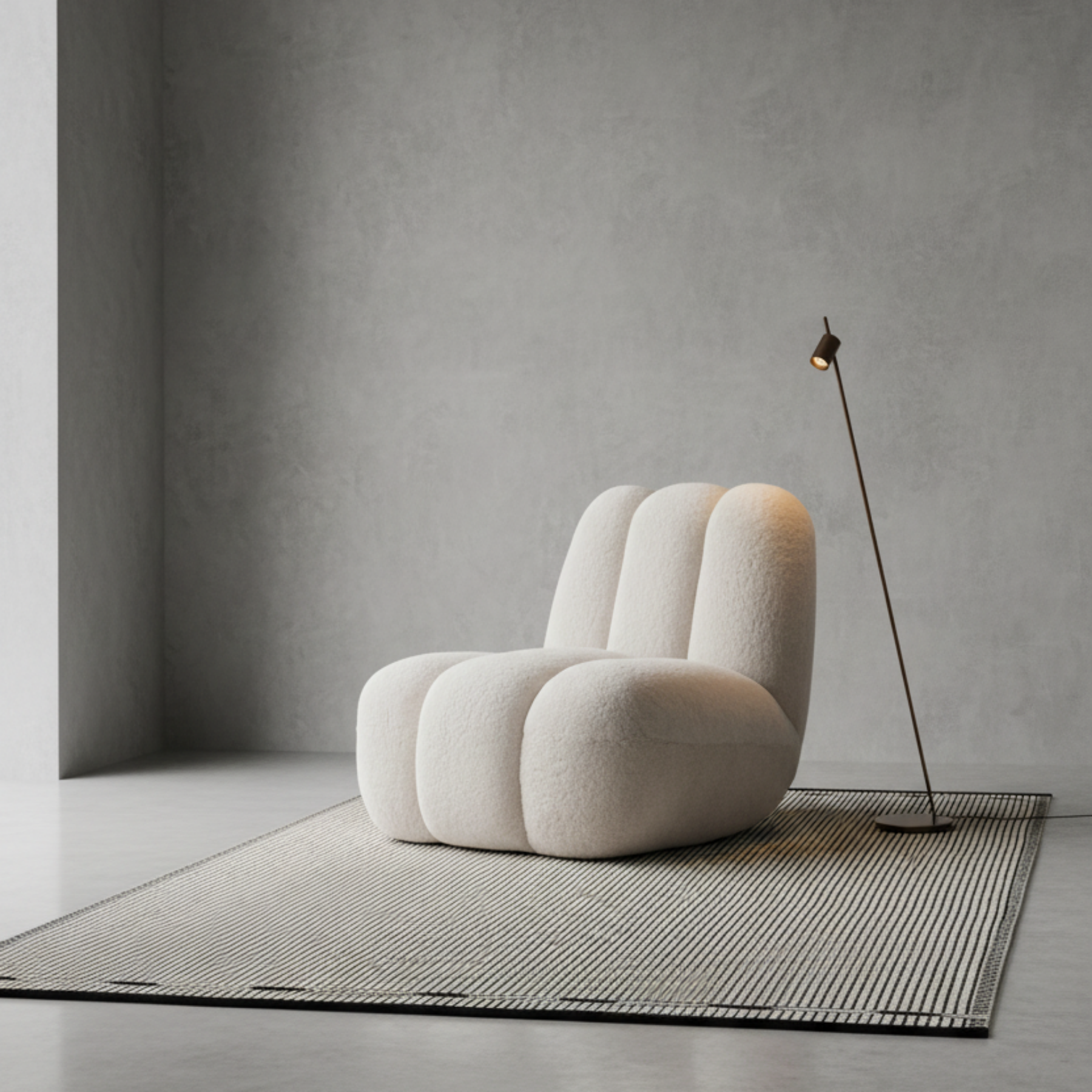 Minimalist interior with Toe Chair Linen, VK-3 Rug, and Trizo21 Aude Floor Lamp Bronze