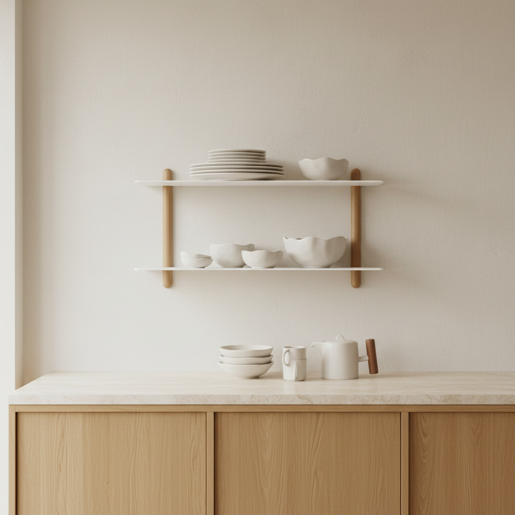 Minimalist kitchen with Nivo Shelf featuring thin metal shelves and Native dinnerware