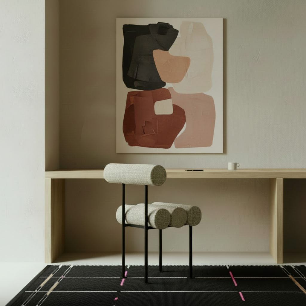 Minimalist office with bound-edge rug