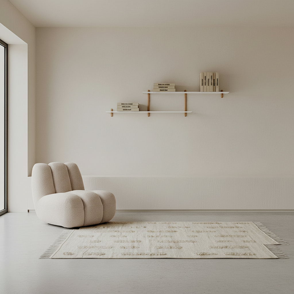 Minimalist room with styled shelf