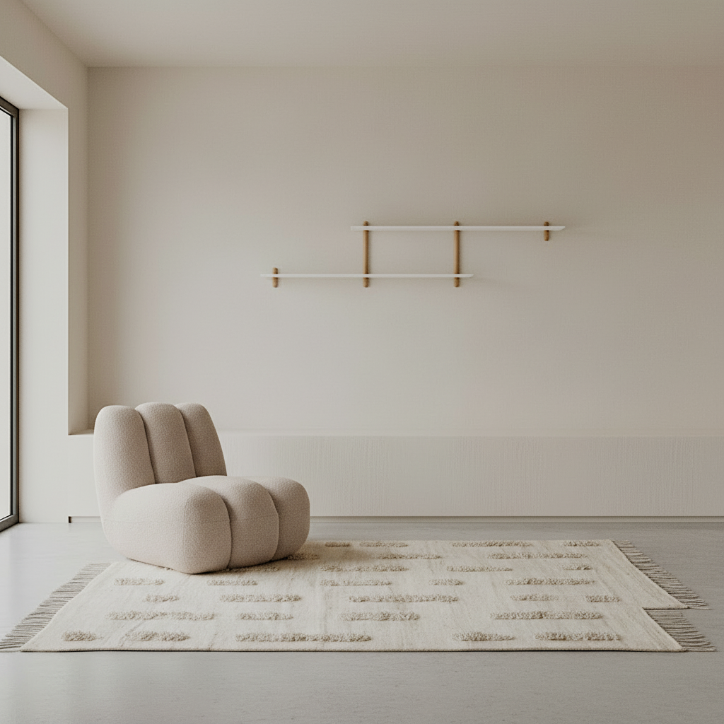 Minimalist room with Toe Chair and Laine rug with white fringe