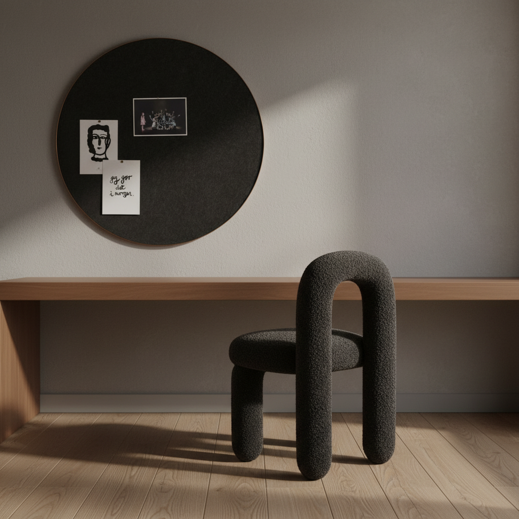 Moody desk area with Daiku chair and styled Retell pinboard