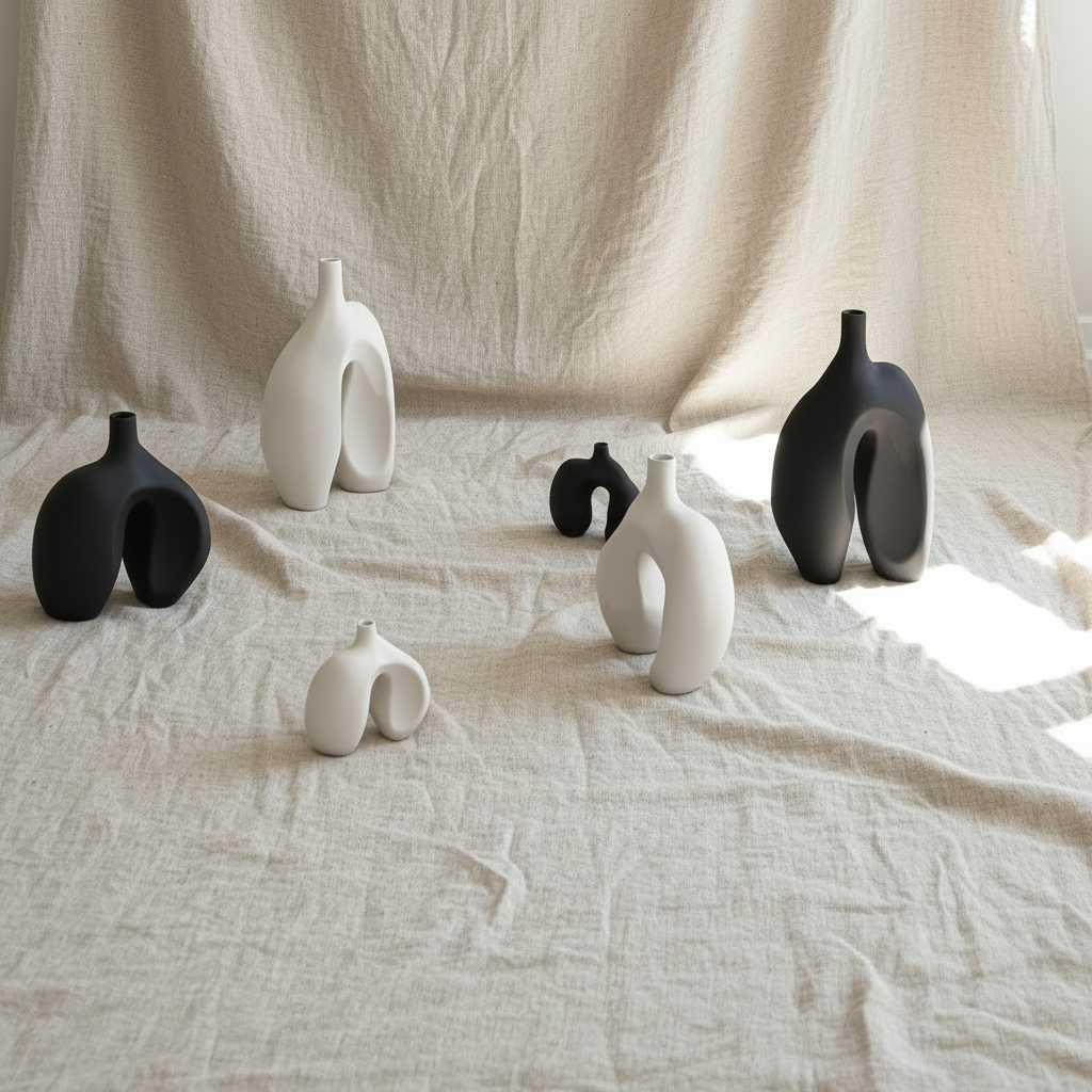 Ni Vases black and cream on linen