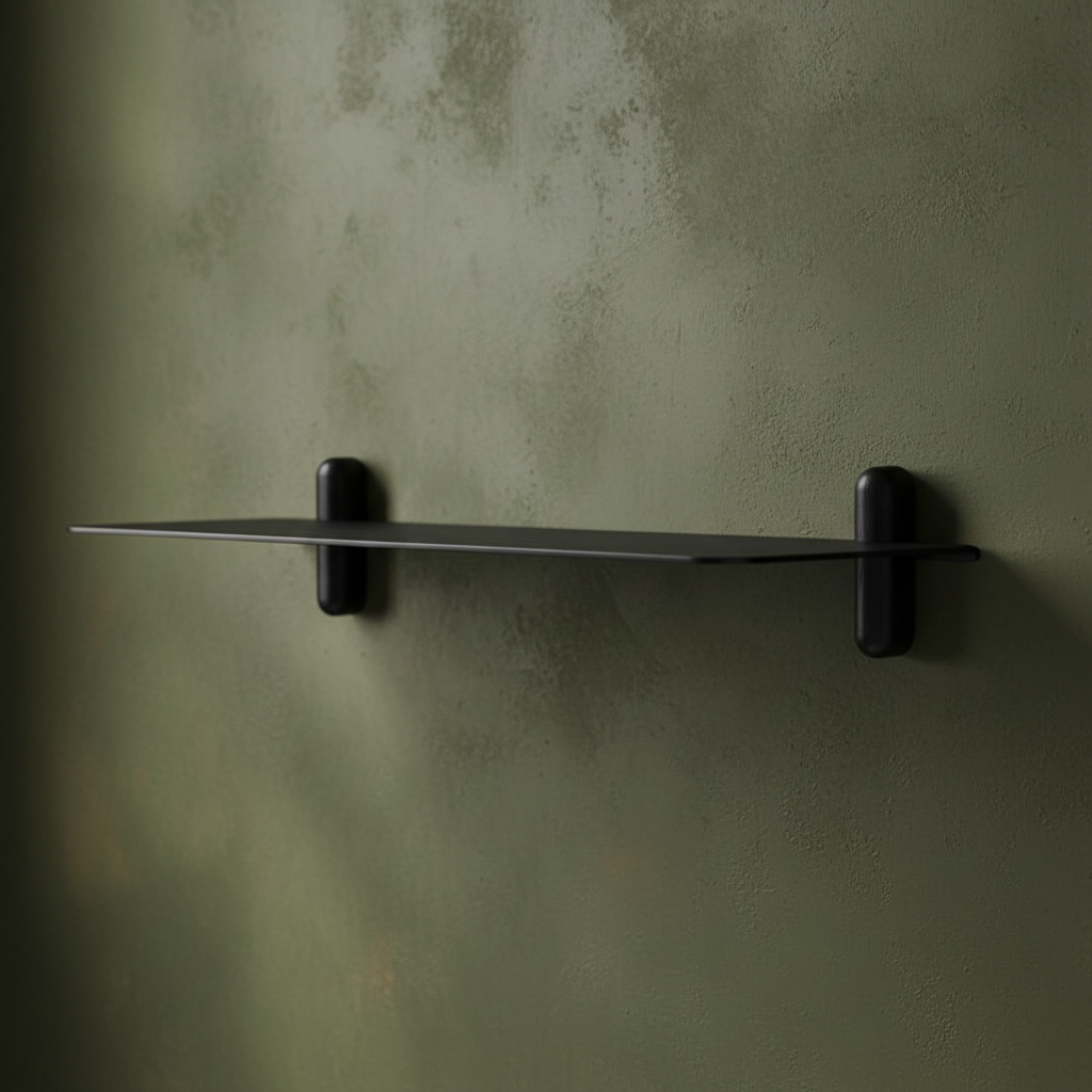 NIVO Large G shelf in black on deep olive green limewashed wall - 3/4 angle view