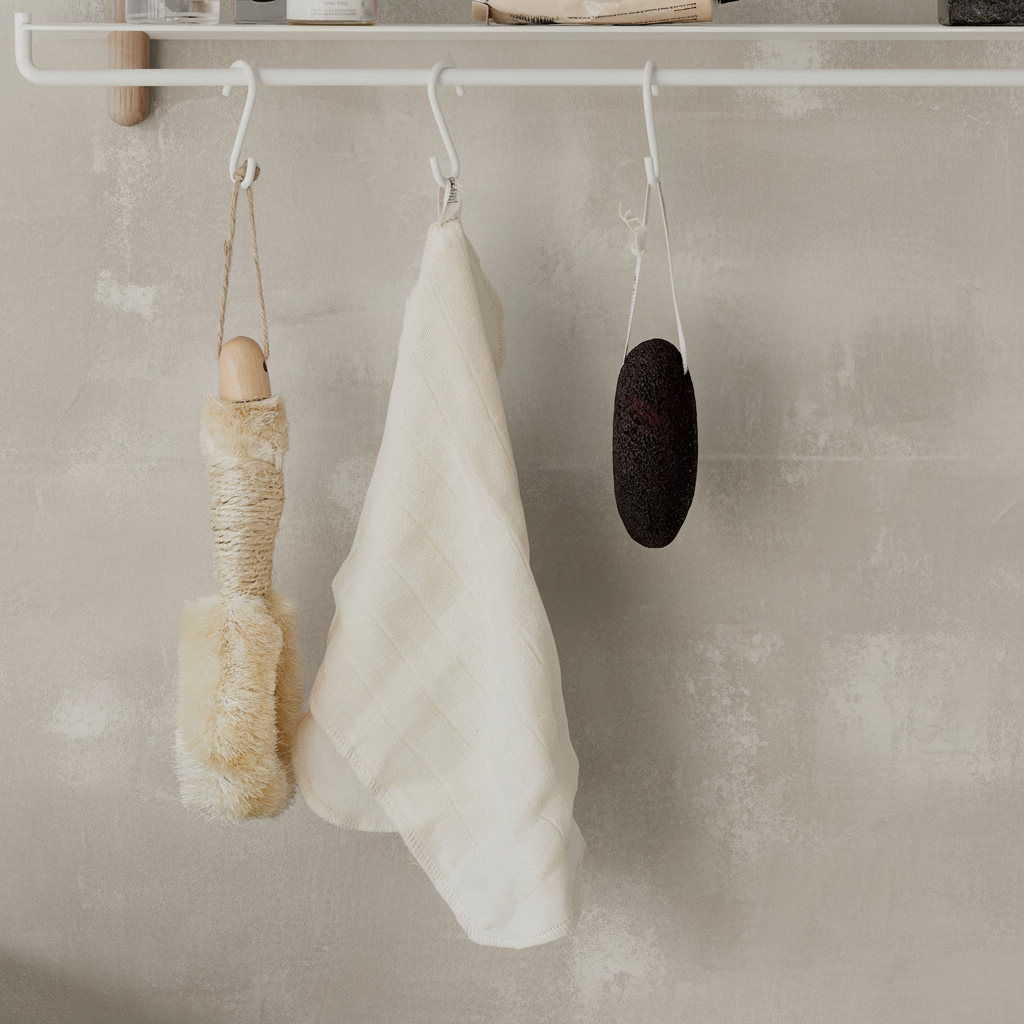 Nivo Rail Hooks Detail — Beige-Grey Limewash Wall, Square