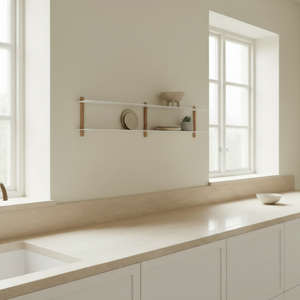 Nivo Shelf with sand three-legged bowl in kitchen