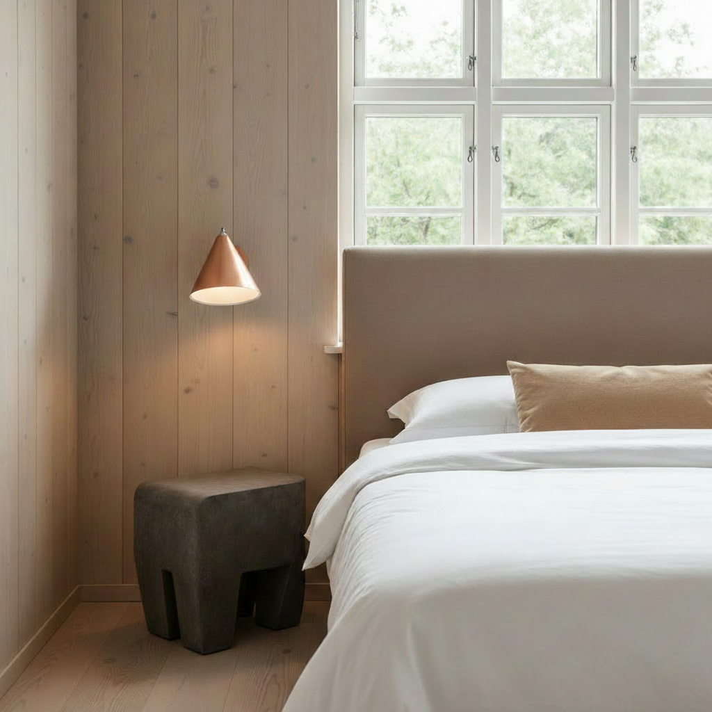 Nordic bedroom with completely cordless wall light