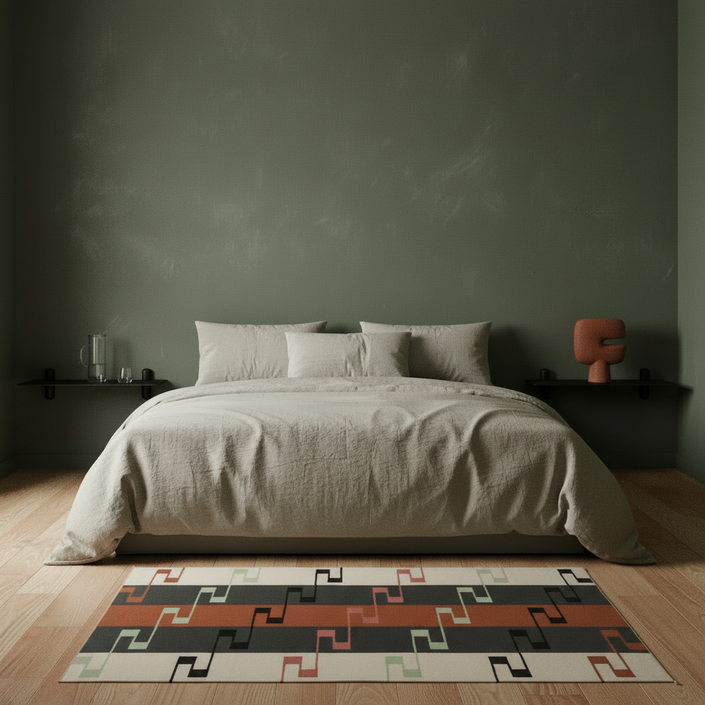 Nordic bedroom with geometric rug