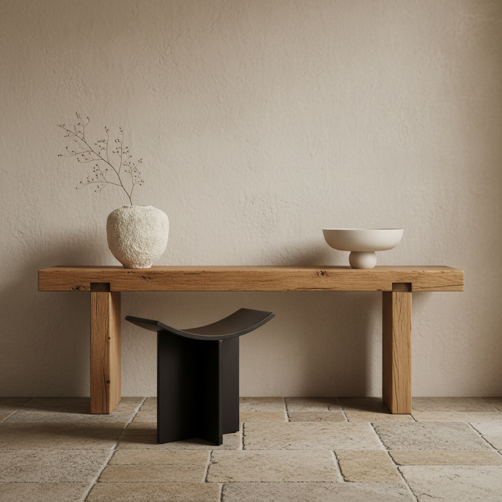 Nordic console styling with Sunao Vase, Baburu Bowl, and Brutus Stool