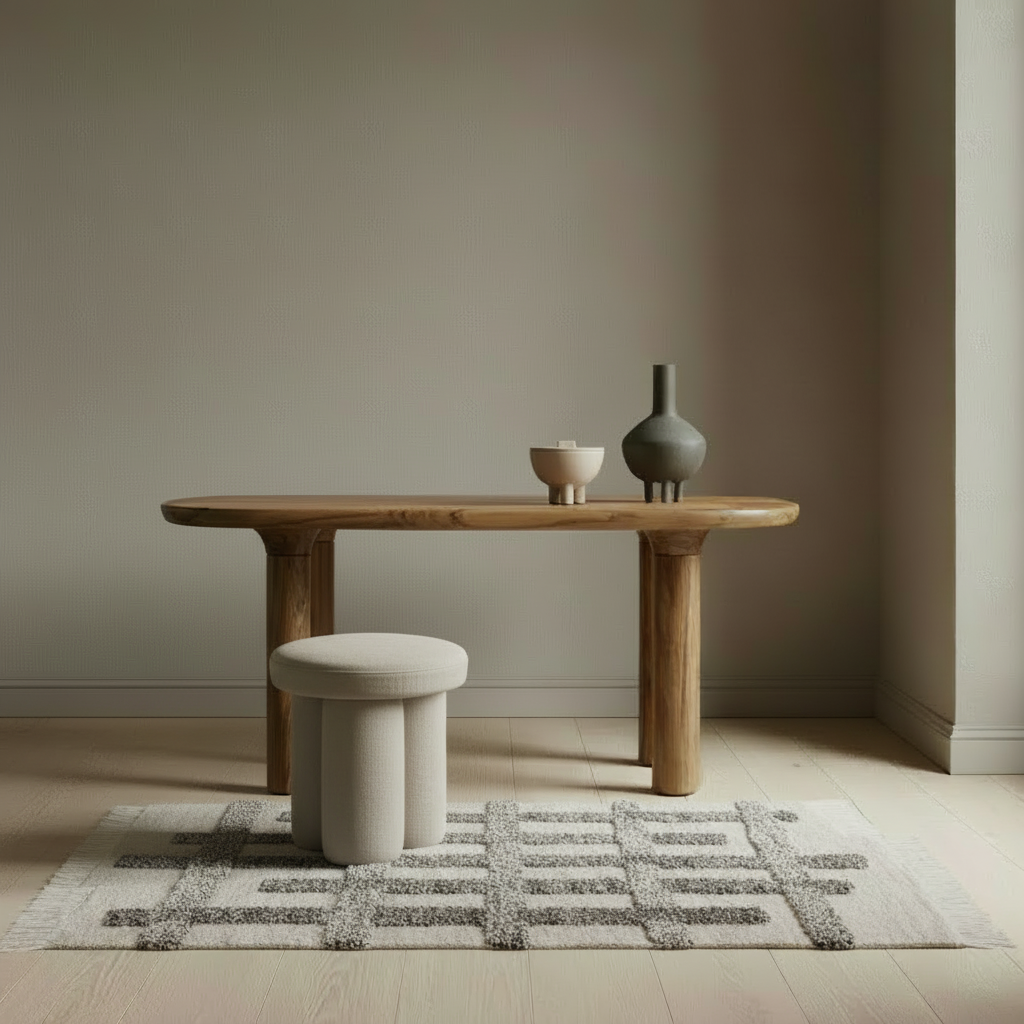 Nordic desk scene with Big Foot stool, Valli rug, and Duck accessories